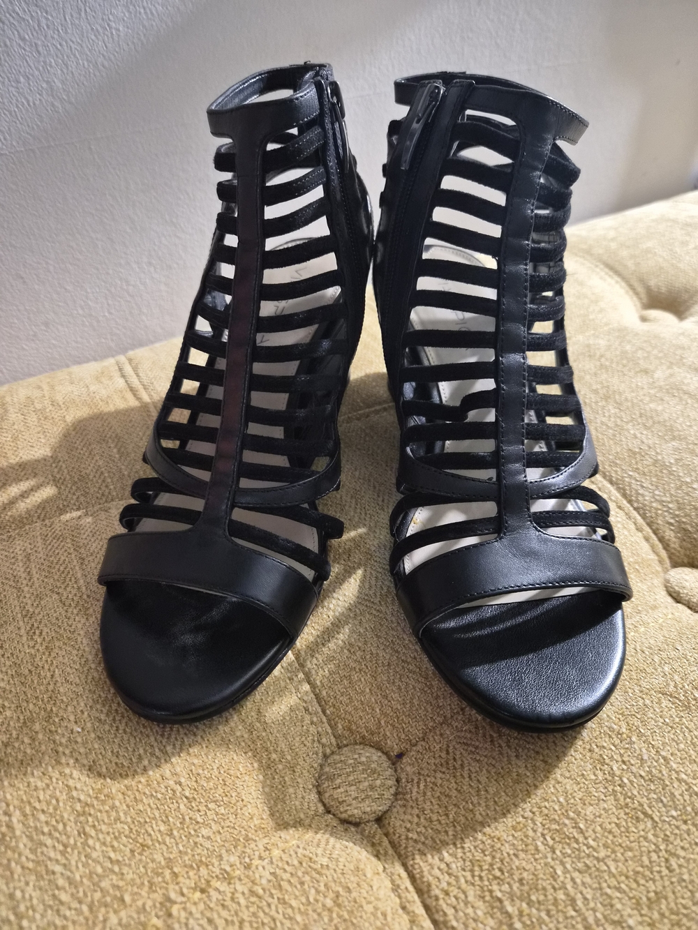 Via Spiga Black Strappy Cage Heel Sandals